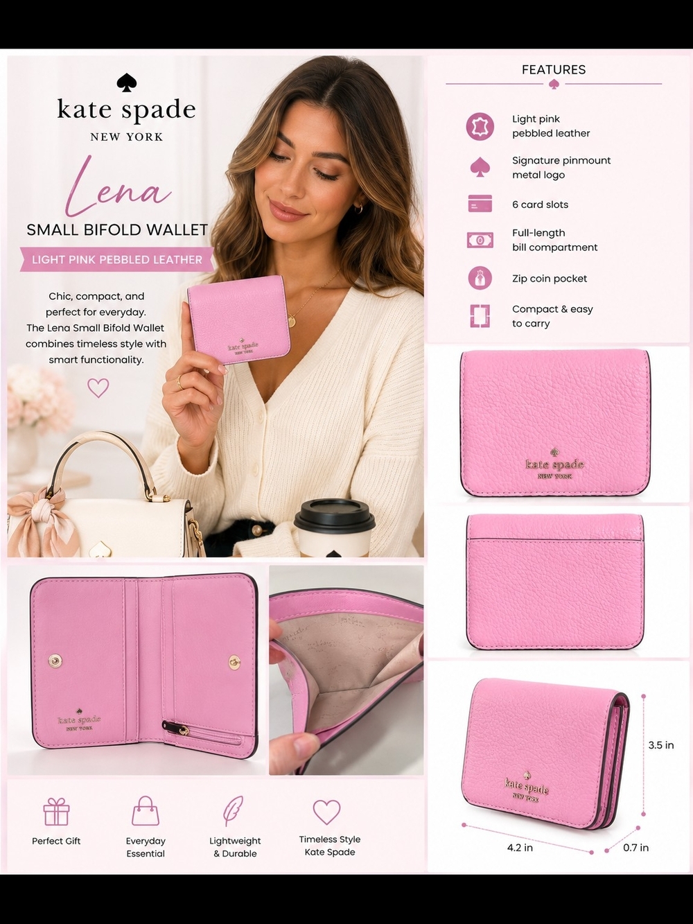 Kate Spade Pink Pebble Leather Wallet -NWOT